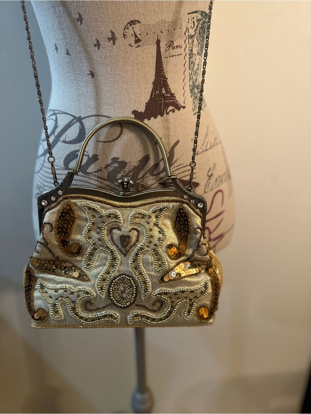 Embellished Gold Beaded Top-Handle Evening Bag